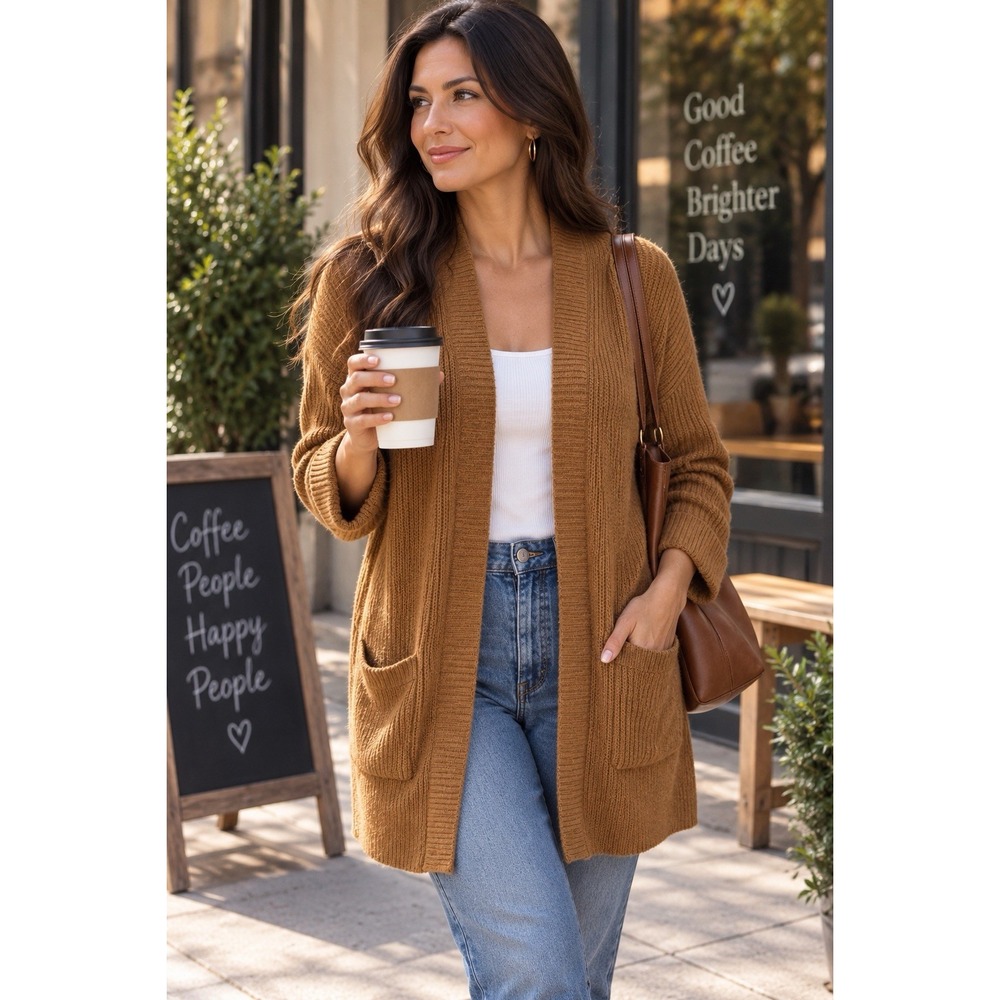 Max & Mia Cardigan Duster Sweater Sz XXL Brown Rib Knit Pkts 100% Cotton Capsule